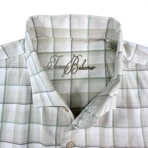 Tommy Bahama Shirt Mens Large Beige Plaid Silk Short Sleeve Button Up Casual